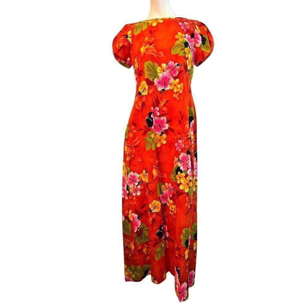 Sears Hawaiian Fashions Small Bright Orange Barkcloth Hibiscus Maxi Dress Vtg